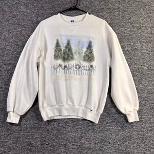 Vintage 90's Russell Athletic Winter Scene Sweatshirt White Made in USA‎ Medium